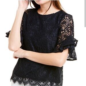 Nanette Black Sheer Lace Bell Ruffled Sleeves Scoop Neck Blouse in Large